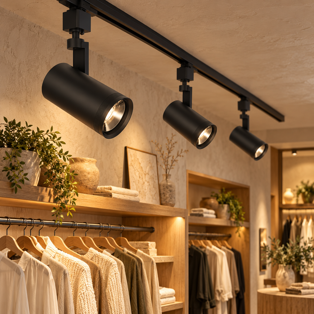 Black LED track heads in an illustrative retail setting