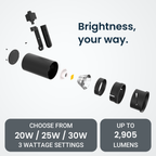 Black LED light exploded diagram: Brightness, your way. CHOOSE FROM, 3 WATTAGE SETTINGS, 20W / 25W / 30W, UP TO 2,905 LUMENS