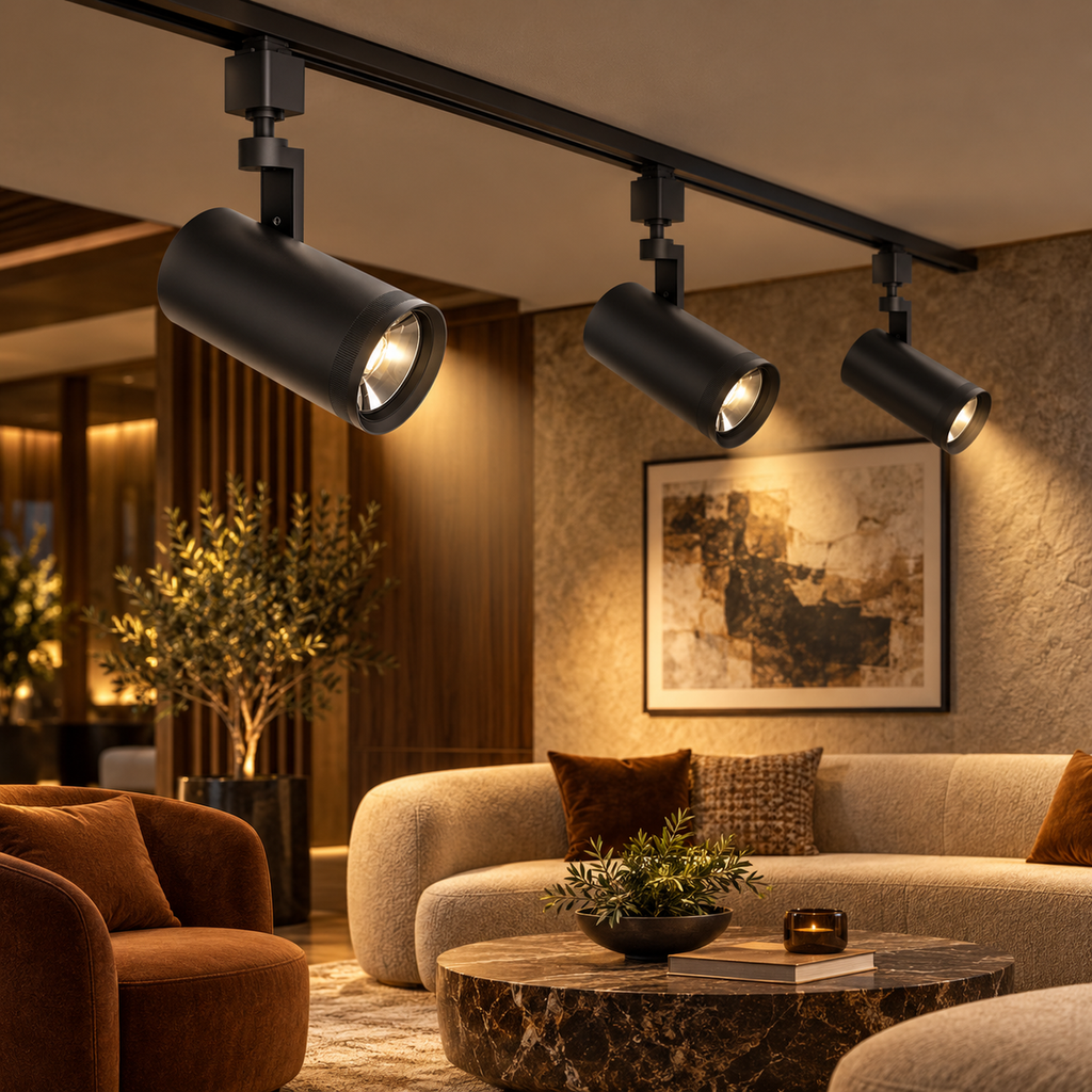 Black LED track heads in an illustrative hospitality setting