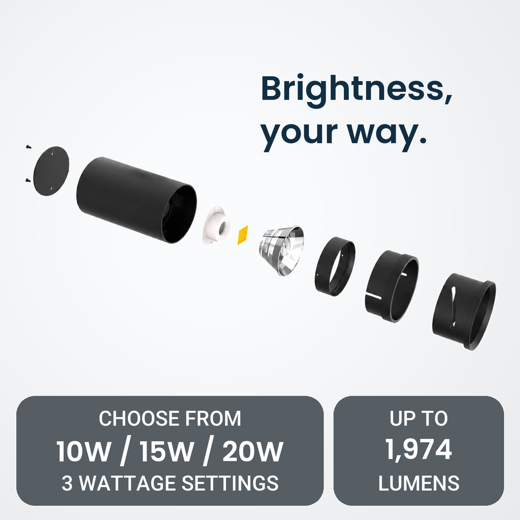 Black LED light exploded diagram: Brightness, your way. CHOOSE FROM, 3 WATTAGE SETTINGS, 10W / 15W / 20W, UP TO 1,974 LUMENS
