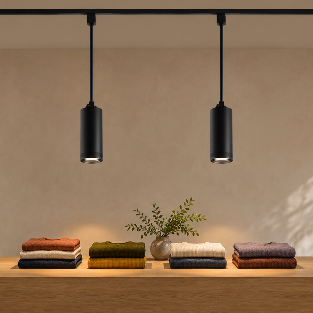 Black LED track pendants installed on ceiling track in an interior space