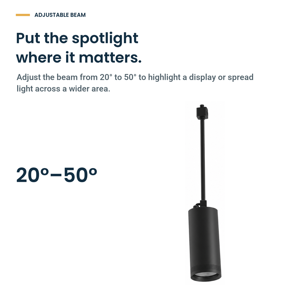 Black pendant light: Put the spotlight where it matters. Adjust the beam from 20° to 50° to highlight a display or spread light across a wider area.