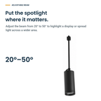 Black pendant light: Put the spotlight where it matters. Adjust the beam from 20° to 50° to highlight a display or spread light across a wider area.