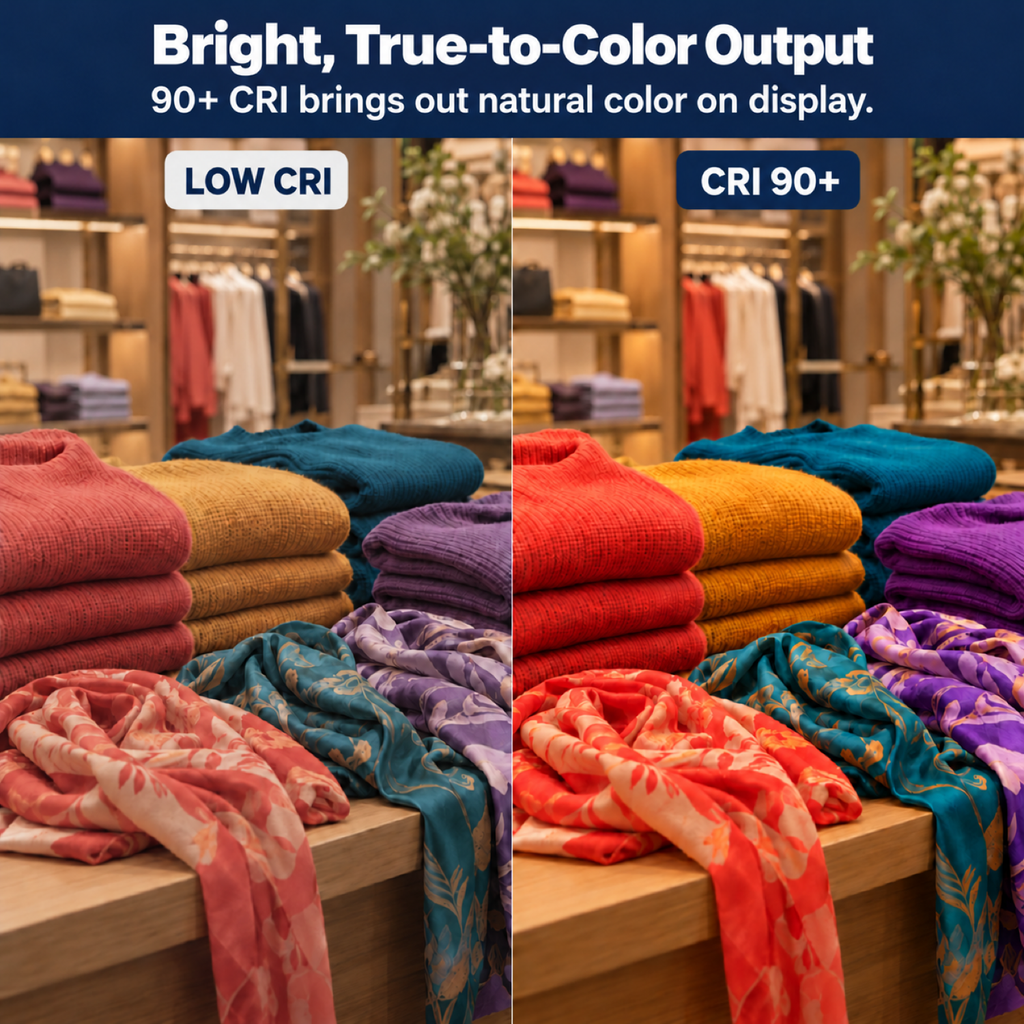 Illustrative retail display comparison of low CRI and CRI 90+ color rendering