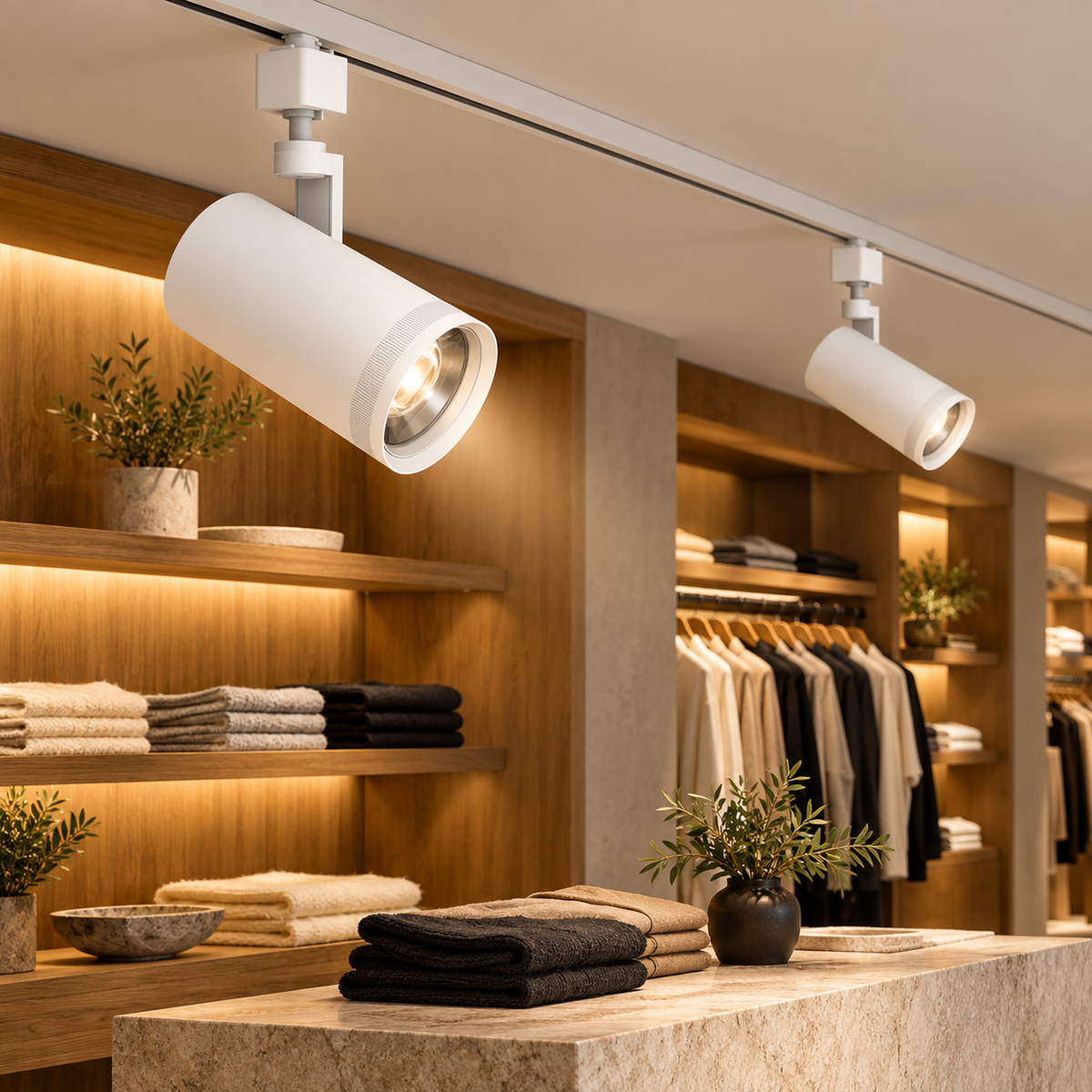 White LED track heads in an illustrative retail setting