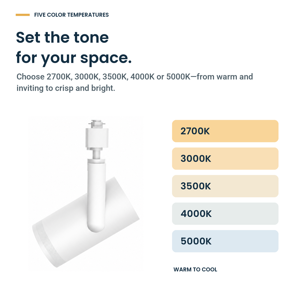 White track light head: Set the tone for your space. Choose 2700K, 3000K, 3500K, 4000K or 5000K—from warm and inviting to crisp and bright.