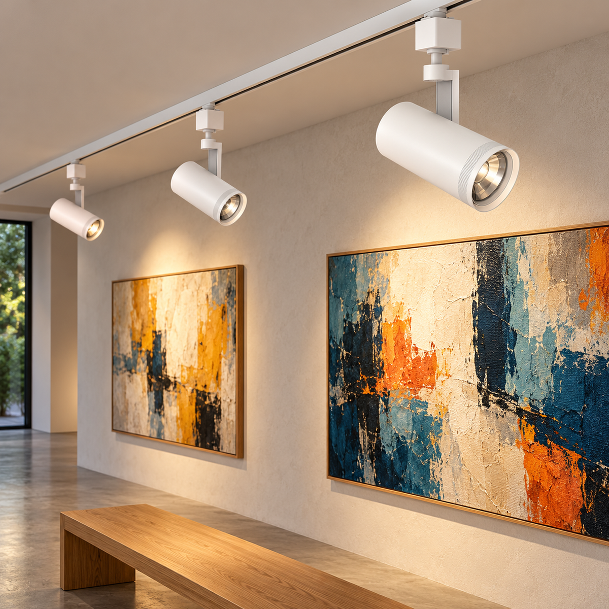White LED track heads in an illustrative gallery setting