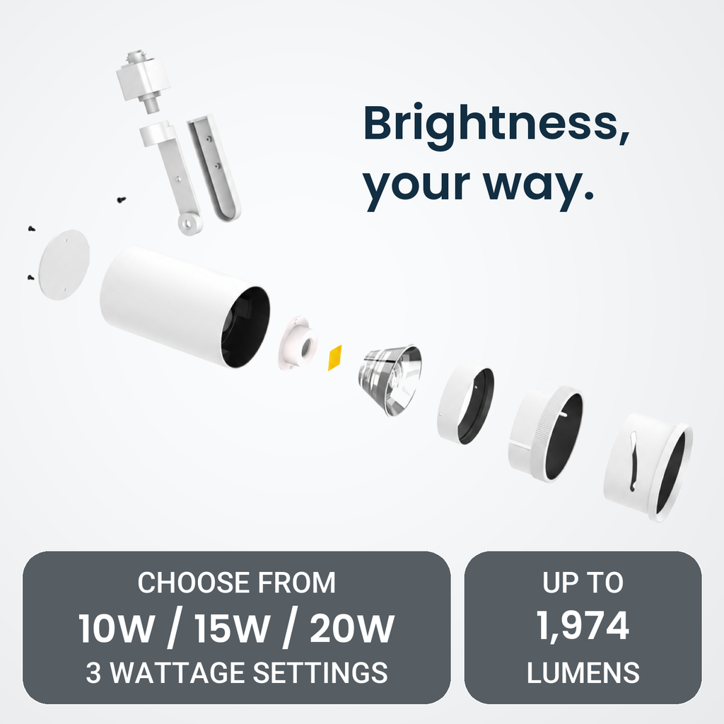 White LED light exploded diagram: Brightness, your way. CHOOSE FROM, 3 WATTAGE SETTINGS, 10W / 15W / 20W, UP TO 1,974 LUMENS