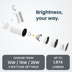 White LED light exploded diagram: Brightness, your way. CHOOSE FROM, 3 WATTAGE SETTINGS, 10W / 15W / 20W, UP TO 1,974 LUMENS