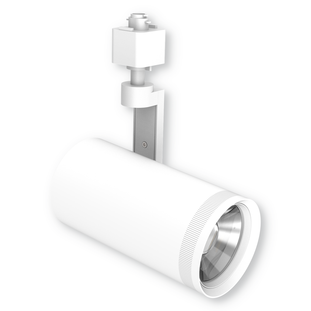 White LED track light head on a white background with soft shadow