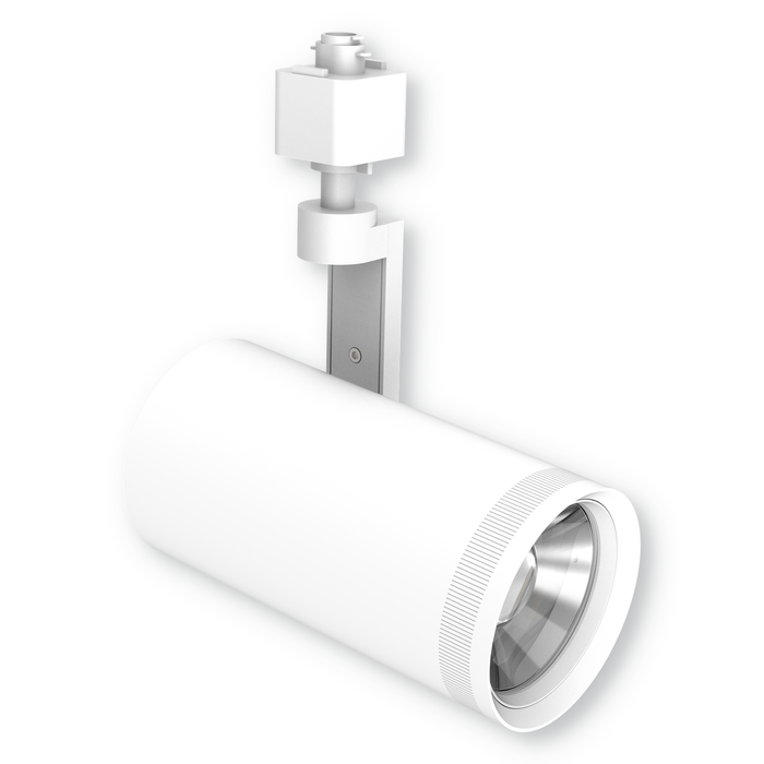 White LED track light head on a white background with soft shadow