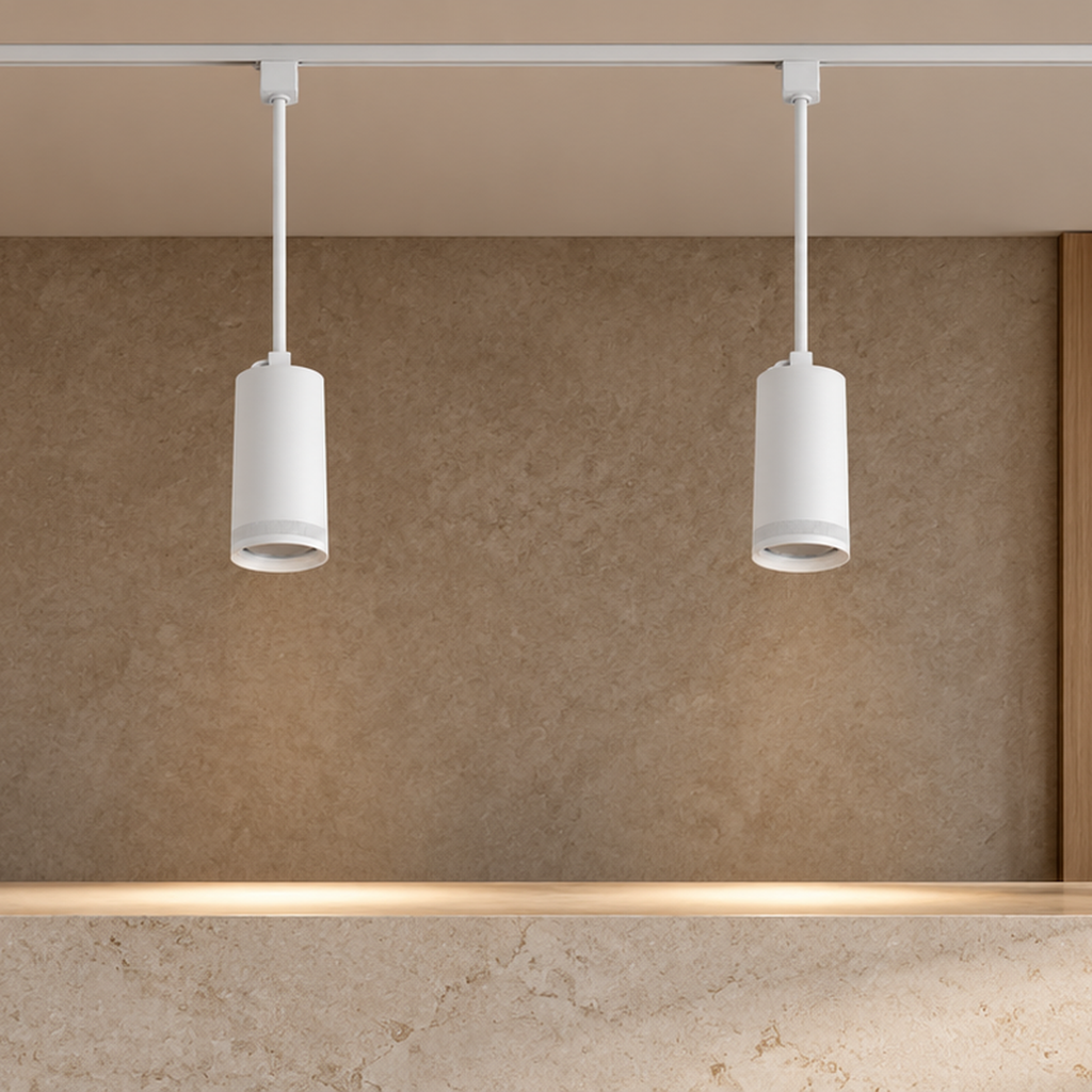 White LED track pendants installed on ceiling track in an interior space