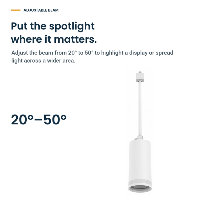 White pendant light: Put the spotlight where it matters. Adjust the beam from 20° to 50° to highlight a display or spread light across a wider area.