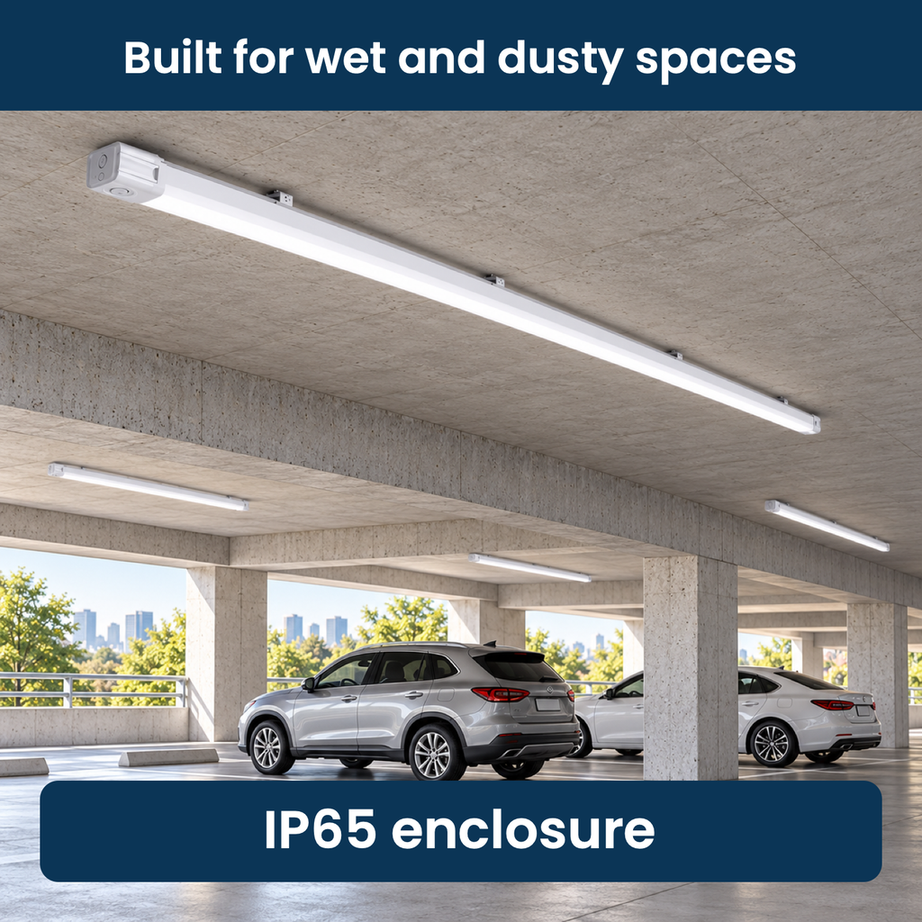 Illustrative covered parking application of an IP65 8ft slim tri-proof LED fixture