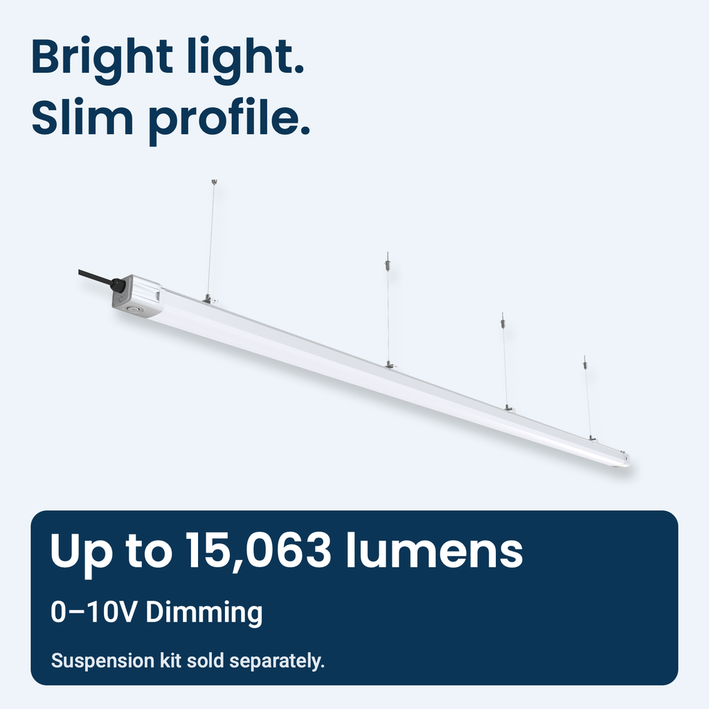 8ft slim tri-proof LED fixture with up to 15,063 lumens and 0–10V dimming