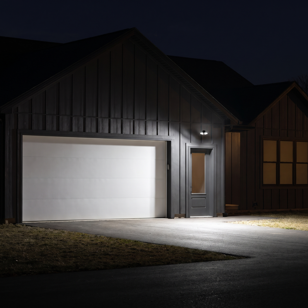 Black two-head LED security floodlight lighting a driveway and garage door at night