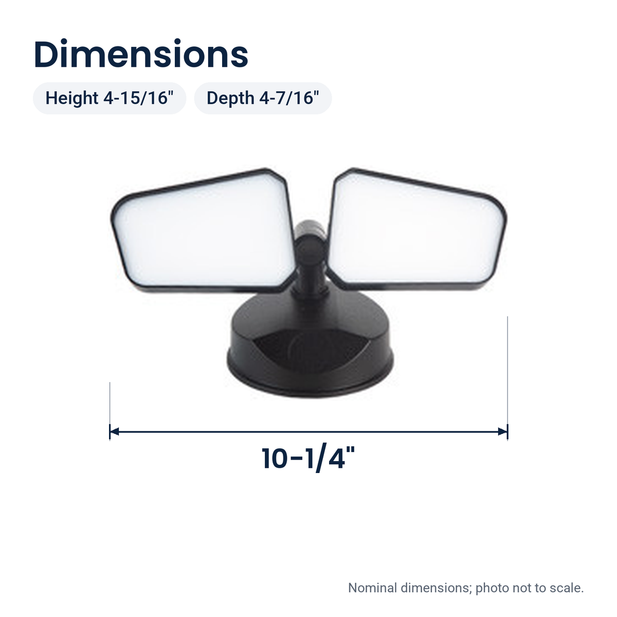 Black two-head LED security floodlight, dimensions: 10-1/4 in. wide, 4-15/16 in. high, 4-7/16 in. deep