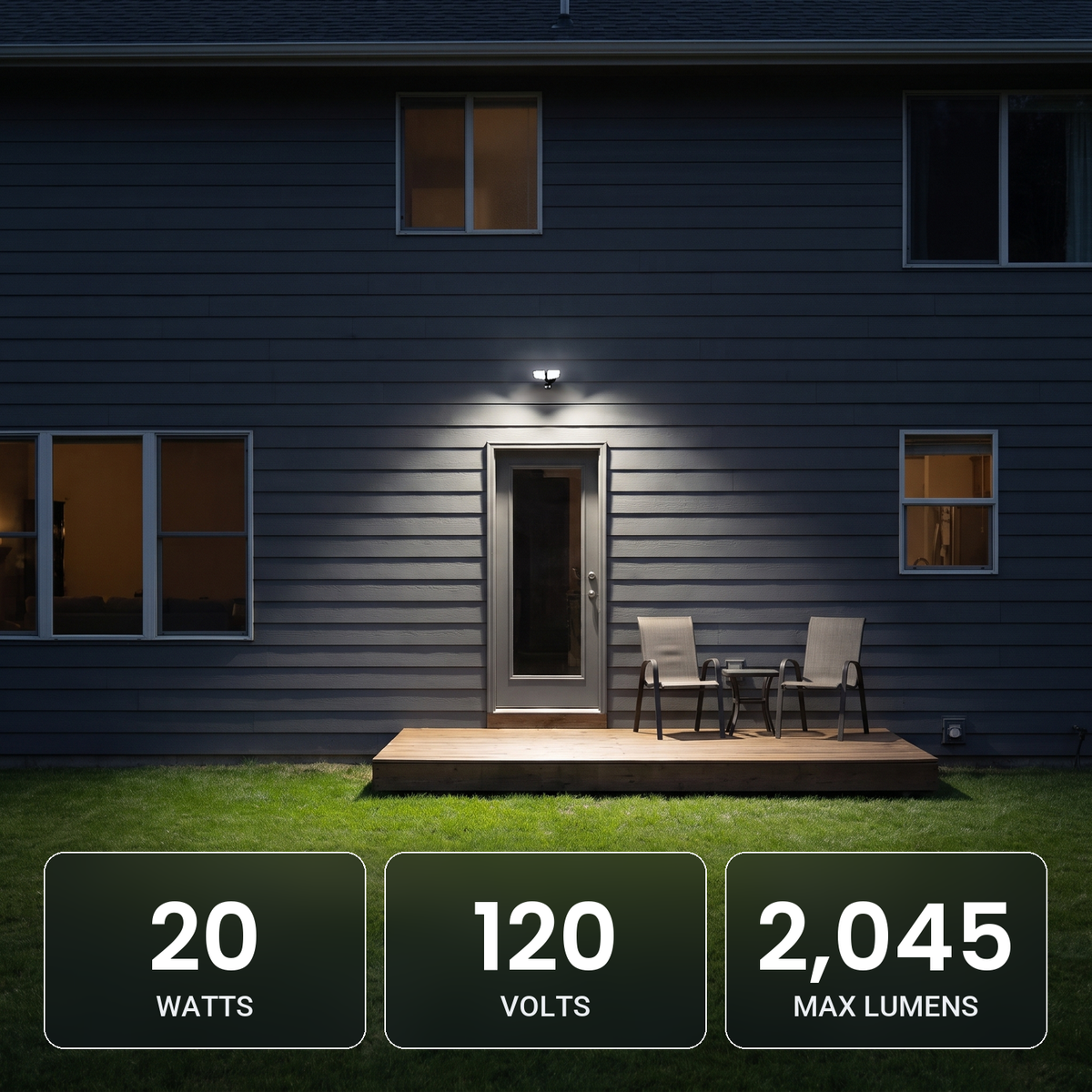 Black two-head LED security floodlight with motion sensor over a back deck: 20W, 120V, 2,045 max lumens