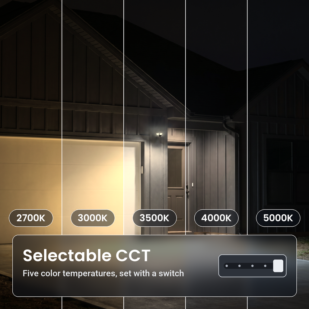 Black two-head LED security floodlight with motion sensor in five color temperatures from 2700K to 5000K