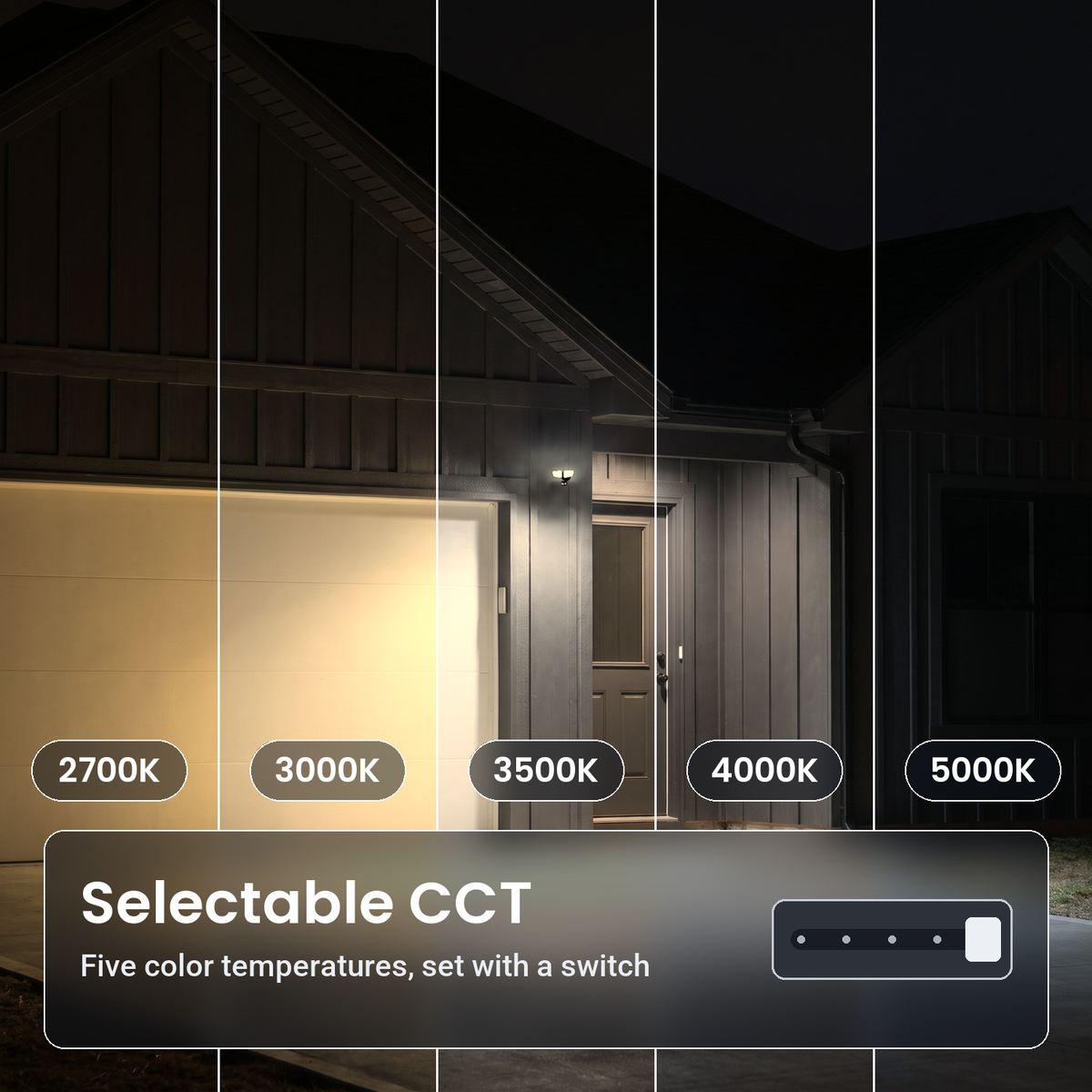 Black two-head LED security floodlight with motion sensor in five color temperatures from 2700K to 5000K