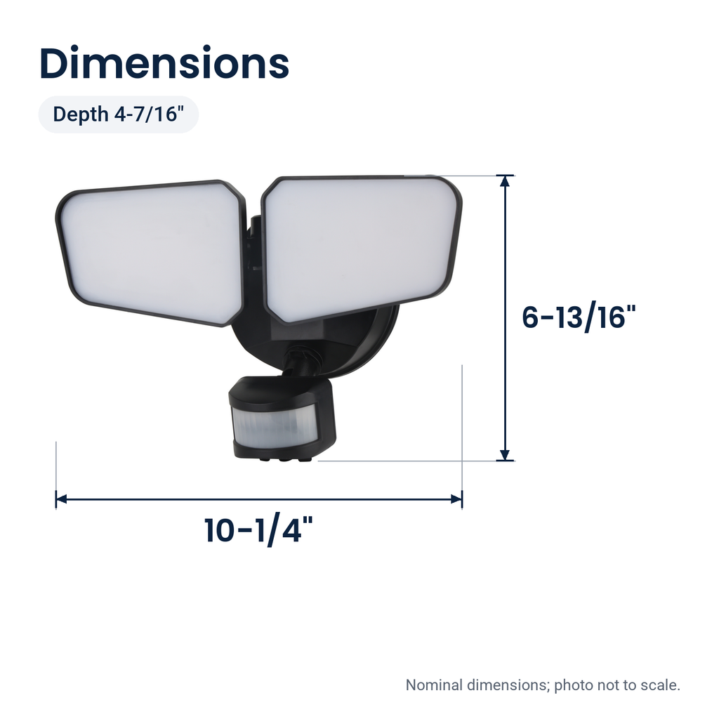 Black two-head LED security floodlight with motion sensor, dimensions: 10-1/4 in. wide, 6-13/16 in. high, 4-7/16 in. deep