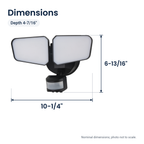 Black two-head LED security floodlight with motion sensor, dimensions: 10-1/4 in. wide, 6-13/16 in. high, 4-7/16 in. deep