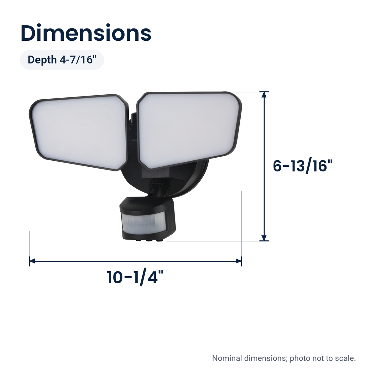 Black two-head LED security floodlight with motion sensor, dimensions: 10-1/4 in. wide, 6-13/16 in. high, 4-7/16 in. deep