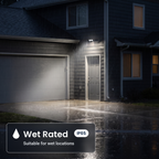 Wet rated, IP65 black two-head LED security floodlight with motion sensor lighting a driveway in the rain