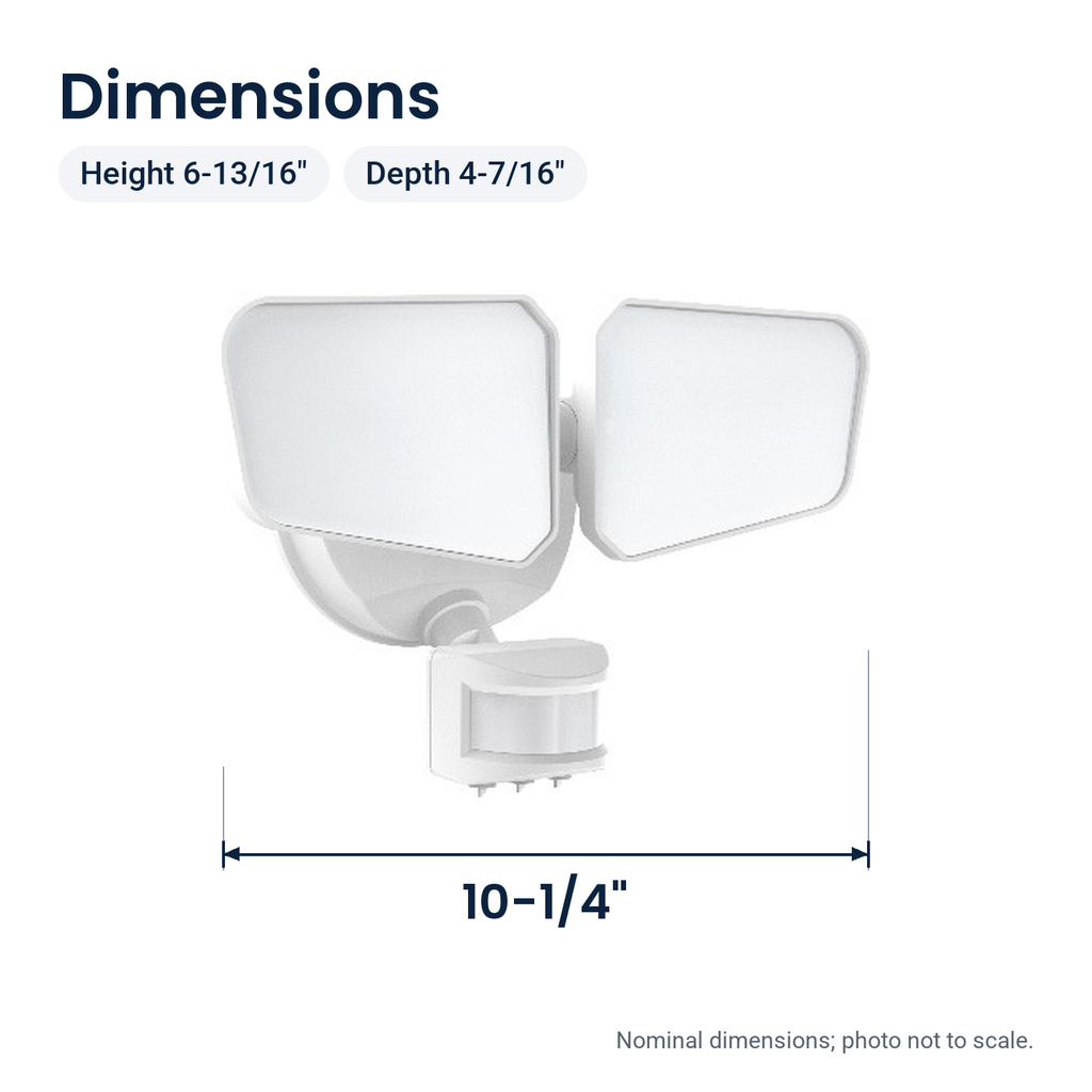 White two-head LED security floodlight with motion sensor, dimensions: 10-1/4 in. wide, 6-13/16 in. high, 4-7/16 in. deep