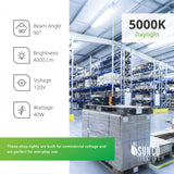 The 5000K color temperature of the Prisma 5-inch Wraparound LED Shop Light provides bright and cool color quality for a Daylight color temp that works well as task lighting. These shop lights are built for commercial voltage and are ideal for everyday use. Image shows a full warehouse with wrapround shop lights linked on the ceiling. Other tech specs include: 90-degree beam angle, 4000lm, 120V. This is a 40W LED Shop Light that is a 300W equivalent.