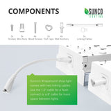 Components of the Prisma Wraparound LED Shop Light, 5-inch, include: 2x screws, 3x wire nuts, 4x wood screws, 2x end caps, 4x wall anchors, and 2x linking cables. This Sunco Wraparound Shop Light comes with two linking cables. Both are pictured on the end of two fixtures. Use the 1.5 inch cable for a flush connection between two fixtures or use the 8-inch cable for more space between the lights.