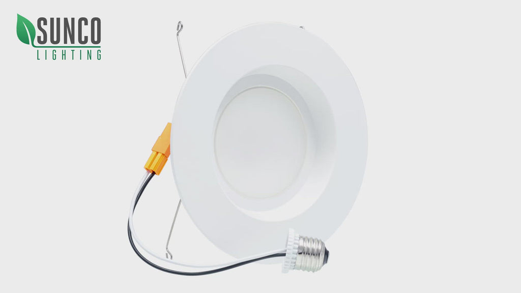 Rotating image of white 5/6 inch smooth retrofit light with E26 adapter, smooth trim, spring clips, and lens