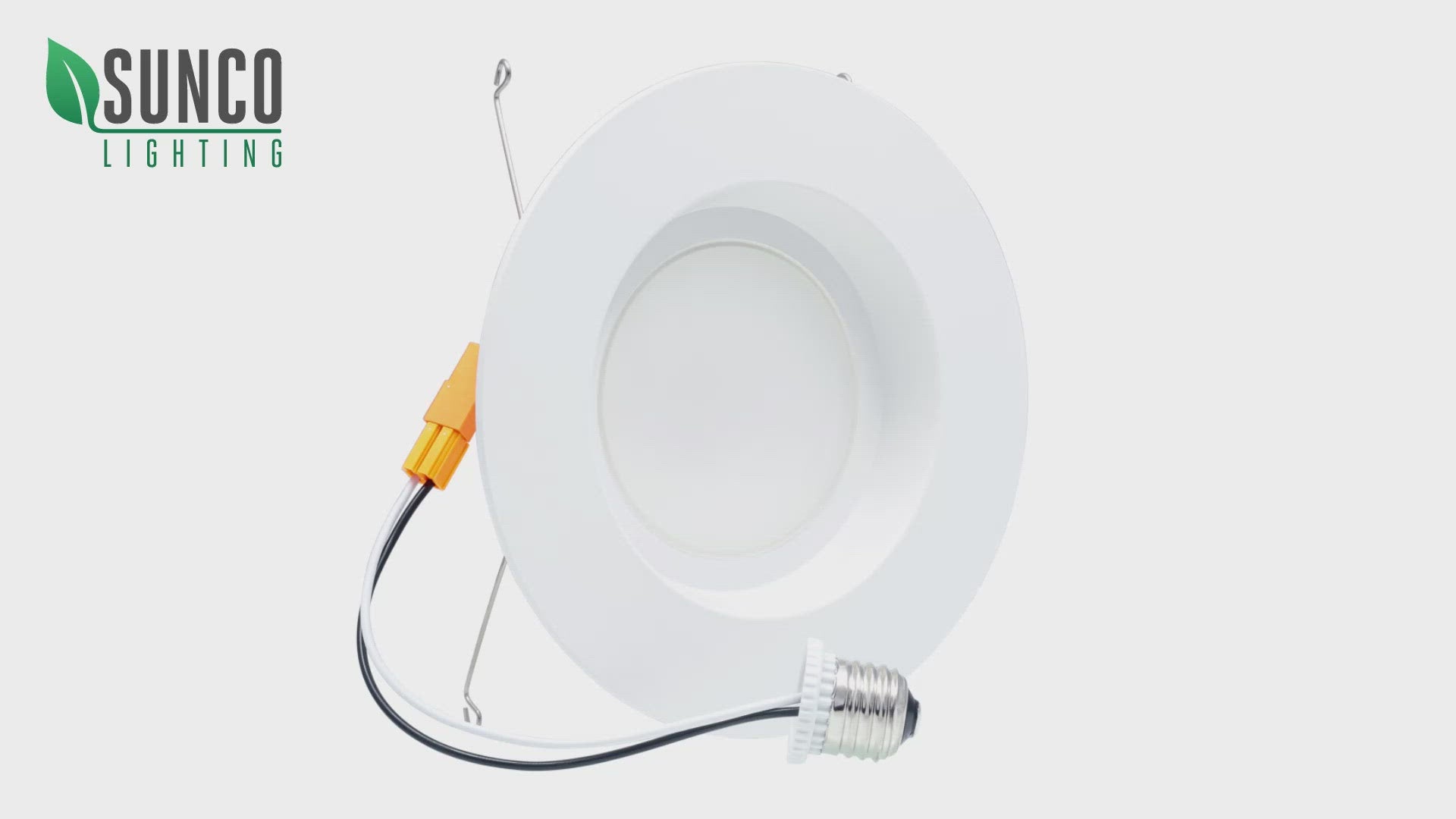 Rotating image of white 5/6 inch smooth retrofit light with E26 adapter, smooth trim, spring clips, and lens