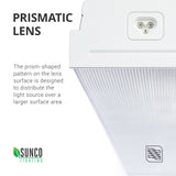 Prismatic Lens. The prism-shaped pattern on the lens surface was designed to distribute the light source over a larger surface area. Image shows a closeup of the prismatic lens cover on the 5-inch Prisma Wraparound LED Shop Light. Also shows the plug used for connecting multiple shop lights together. You can connect up to 8 of this type.