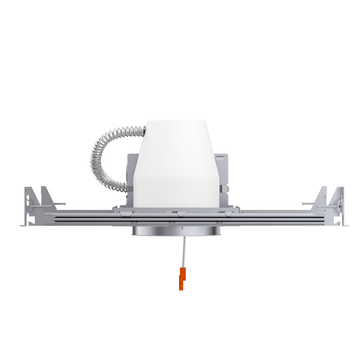 This 4-inch recessed can for new construction offers a slim profile, IC rating, TP24 connector, J-box, and adjustable hangars. The hangars work in both joist type ceilings and suspended ceilings. This recessed can accepts an 18W bulb maximum. It has an airtight design that meets ASTM standard E283-04 and keeps A/C and heating moisture from leaking through the housing. Safely use insulation near the IC rated can in an overhead joist space or ceiling crawl space. 