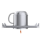 Side view of the Sunco 6-inch Recessed Can for New Construction shows off the adjustable hangars with airtight housing, flexible conduit and TP24 connector. The junction box is included behind the recessed can for your convenience. This unit easily installs in wooden joists or suspended ceilings. Accepts 24W retrofit LED downlights. 