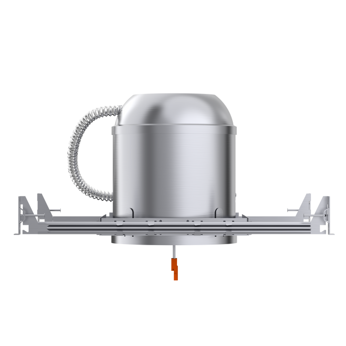 Side view of the Sunco 6-inch Recessed Can for New Construction shows off the adjustable hangars with airtight housing, flexible conduit and TP24 connector. The junction box is included behind the recessed can for your convenience. This unit easily installs in wooden joists or suspended ceilings. Accepts 24W retrofit LED downlights. 