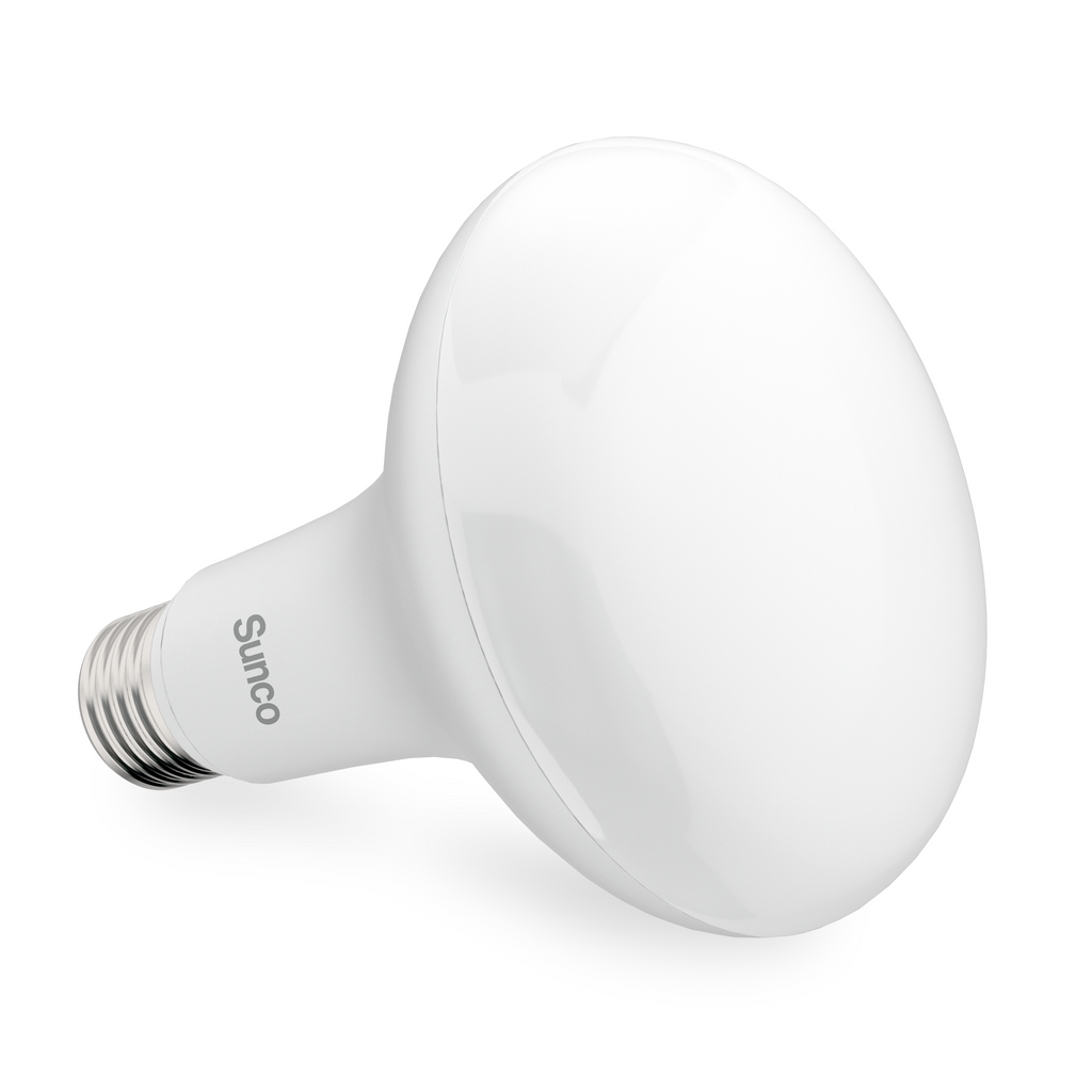 Angled side view of a Sunco BR30 LED floodlight bulb with white housing and E26 screw base on a white background