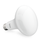 Angled side view of a Sunco BR30 LED floodlight bulb with white housing and E26 screw base on a white background