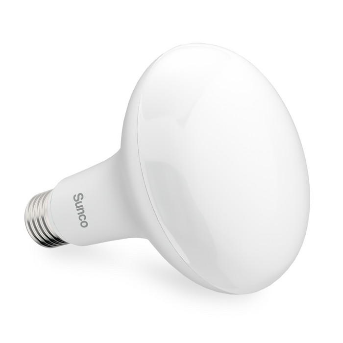 Angled side view of a Sunco BR30 LED floodlight bulb with white housing and E26 screw base on a white background