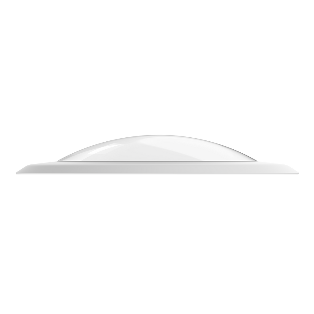 Side view of white LED disk light showing low-profile dome lens and thin trim ring against a dark background.
