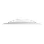 Side view of white LED disk light showing low-profile dome lens and thin trim ring against a dark background.
