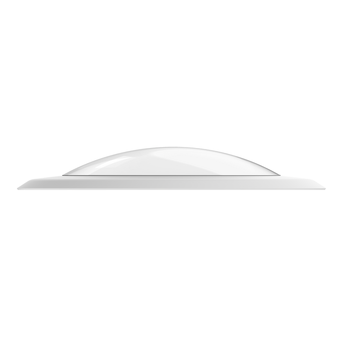 Side view of white LED disk light showing low-profile dome lens and thin trim ring against a dark background.
