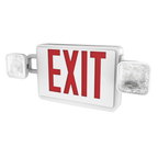 The Sunco 2 Head LED Exit Sign, shown here at an angle so you can see the adjustable LED heads with their bright, LED light on either side of the US Standard Red Letter signage. Easily pop out the knockouts to reveal directional arrows with the same, bright red. Exit sign is backlit with a fire resistant housing.