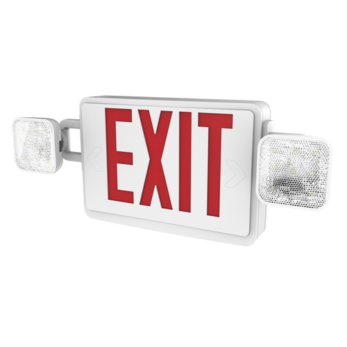 The Sunco 2 Head LED Exit Sign, shown here at an angle so you can see the adjustable LED heads with their bright, LED light on either side of the US Standard Red Letter signage. Easily pop out the knockouts to reveal directional arrows with the same, bright red. Exit sign is backlit with a fire resistant housing.
