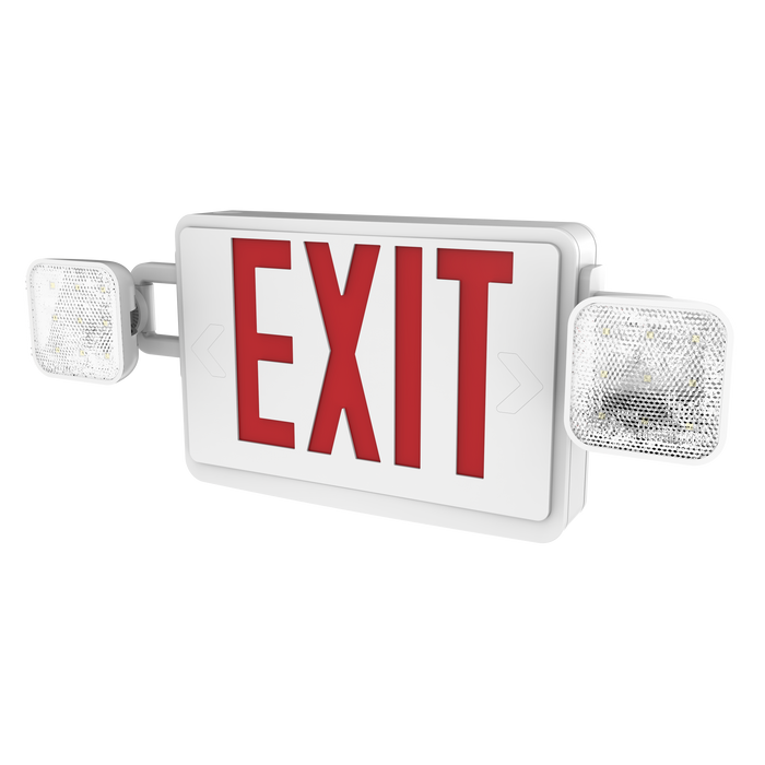 The Sunco 2 Head LED Exit Sign, shown here at an angle so you can see the adjustable LED heads with their bright, LED light on either side of the US Standard Red Letter signage. Easily pop out the knockouts to reveal directional arrows with the same, bright red. Exit sign is backlit with a fire resistant housing.