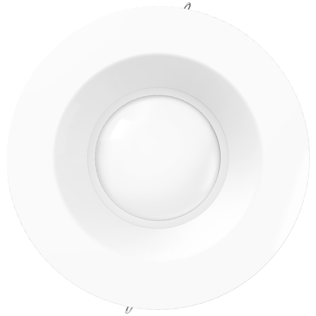 Front view of white smooth retrofit recessed light with clean round trim and softly diffused lens.