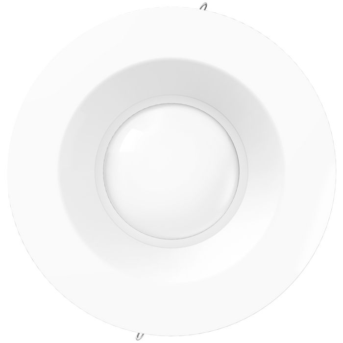 Front view of white smooth retrofit recessed light with clean round trim and softly diffused lens.