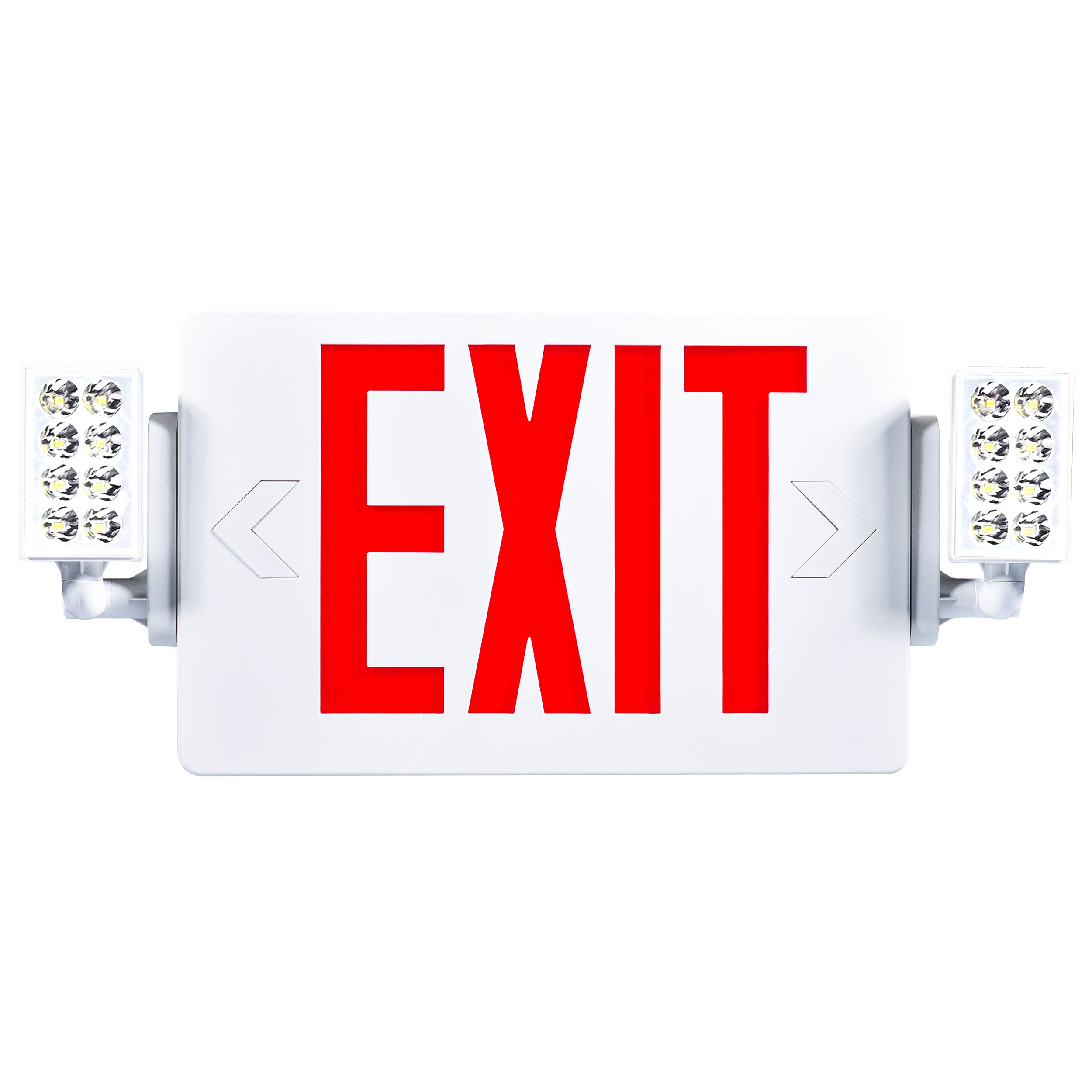 The Sunco 2 Head LED Exit Sign features a bright US standard red letter signage with knockout directional arrows and 2 faceplates so you can either mount it on a ceiling or on a wall. Includes 2 LED heads or LED lamps on either side of the sign that are adjustable. Reposition them to shine the emergency light where you need it during a power outage. Includes a 90-minute backup battery for emergency safety light in indoor, high traffic areas.