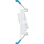 Seen on edge, the IC Rated Slim Gimbal with flexible optic is shown here without the included junction box and cabling. You can clearly note the spring clips that hold this thin profile ceiling light in position. The gimbal is adjustable to aim the light where you need it. Choose color temperature from 5 selections of white light with the slider on the junction box (not pictured here). This 3-inch wide downlight is quickly installed in the ceiling and offers instant on, dimmable downlight.